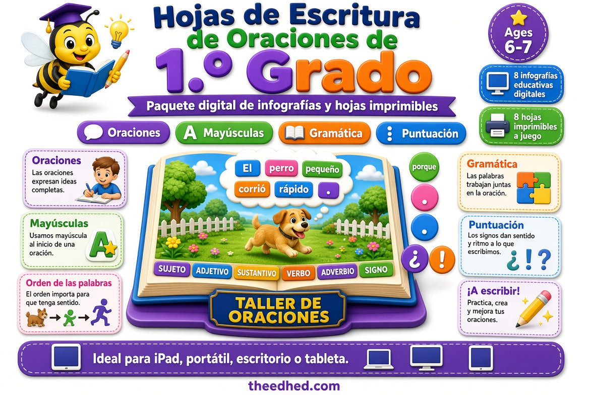 Hojas de Escritura de Oraciones de 1.º Grado, curso digital con 8 infografías y 8 hojas imprimibles.