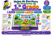 Hojas de Escritura de Oraciones de 1.º Grado, curso digital con 8 infografías y 8 hojas imprimibles.