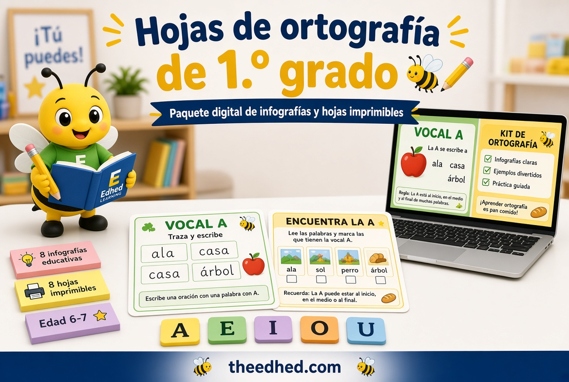 Hojas de ortografía de 1.º grado en español con 8 infografías y 8 hojas imprimibles