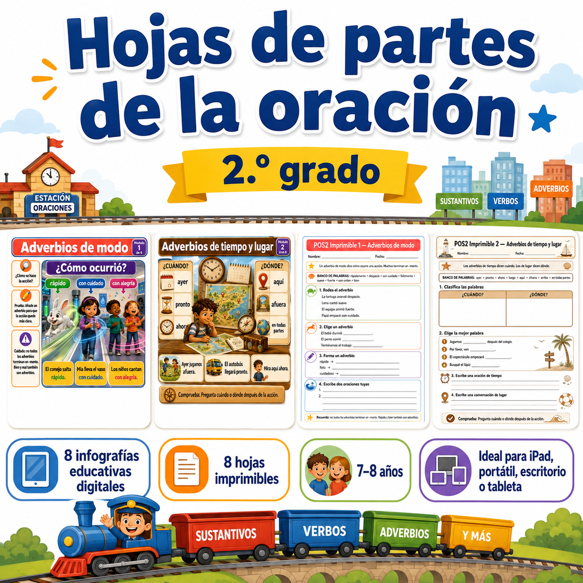Hojas de partes de la oración de 2.º grado con 8 infografías y 8 imprimibles