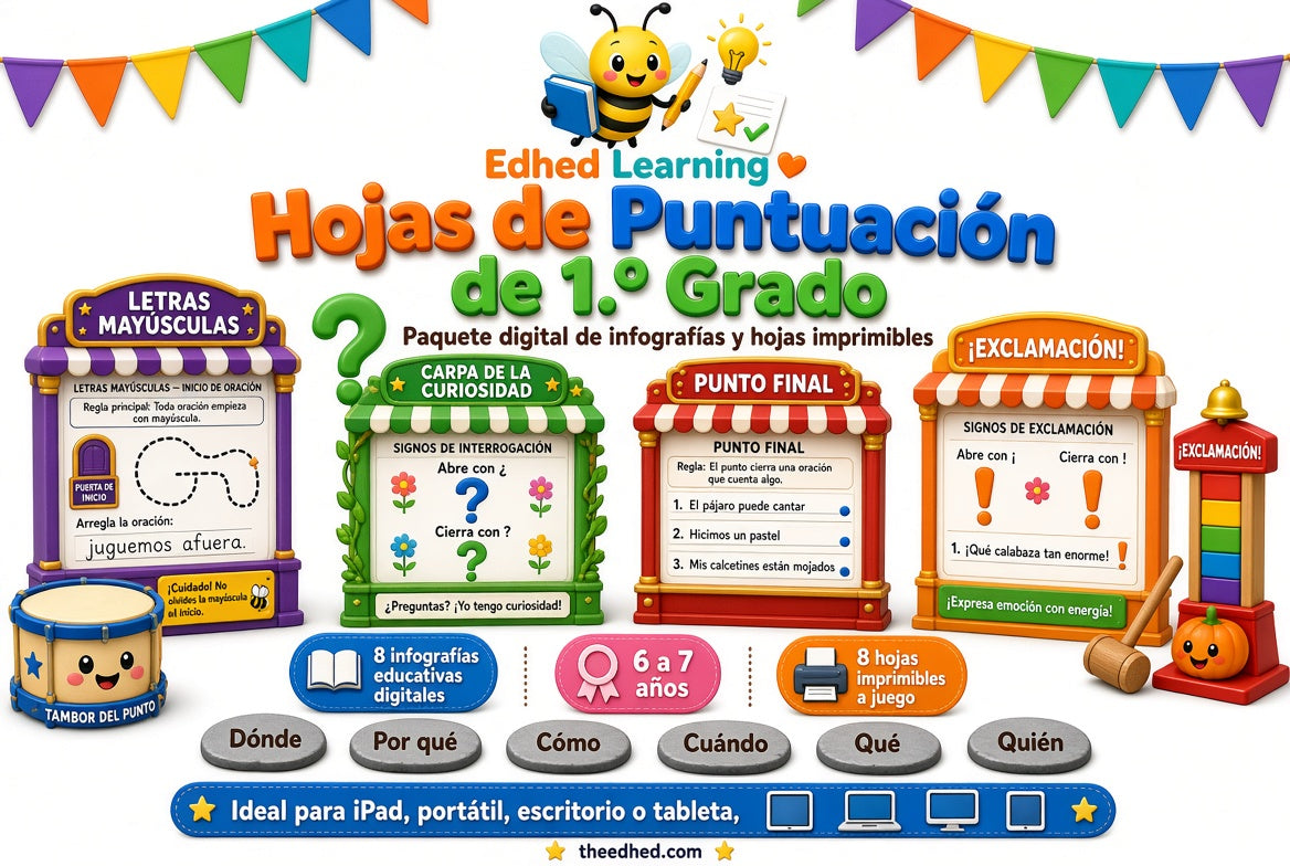 Hojas de puntuación de 1.º grado, curso digital con 8 infografías y 8 hojas imprimibles