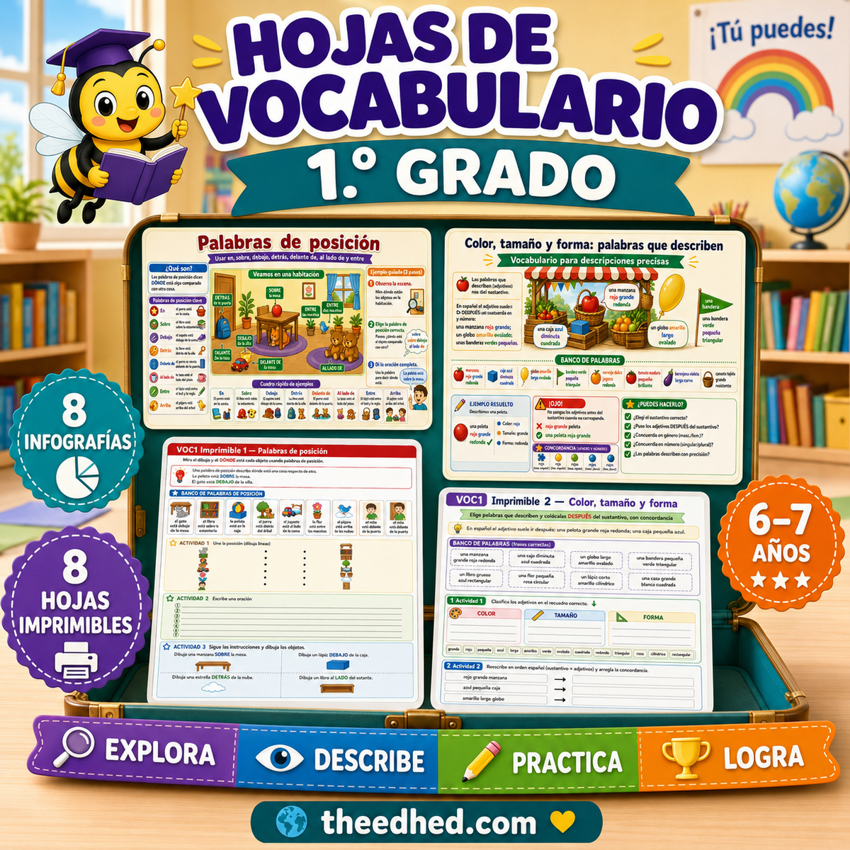 Hojas de vocabulario de 1.º grado en español con 8 infografías y 8 hojas imprimibles