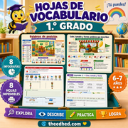 Hojas de vocabulario de 1.º grado en español con 8 infografías y 8 hojas imprimibles