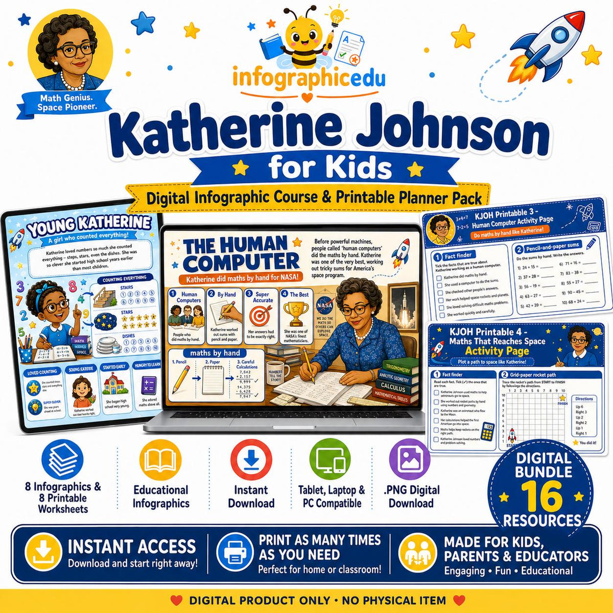 Katherine Johnson for Kids digital infographic course and printable planner pack cover from Infographic EDU
