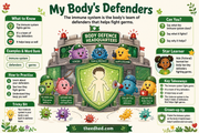 My Body's Defenders educational immune system infographic for children ages 7 to 9