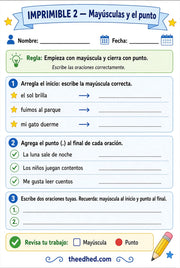 Hoja imprimible de 1.º grado para practicar mayúsculas y el punto en oraciones.