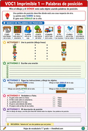 Hoja imprimible en español para practicar palabras de posición en 1.º grado