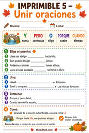 Hoja imprimible en español para practicar conjunciones y unir oraciones.