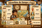 Infografía de adverbios de tiempo y lugar para 2.º grado