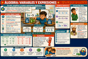 Infografía en español de álgebra, variables y expresiones para 6.º grado