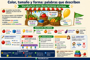 Infografía de vocabulario sobre color, tamaño y forma para 1.º grado