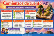 Infografía en español sobre comienzos de cuento para 1.º de primaria.
