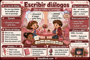 Infografía en español para aprender a escribir diálogos con raya.