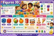 Infografía en español sobre figuras 3D para infantil
