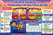 Infografía en español sobre grupos iguales y problemas de multiplicación para 2.º de Primaria.