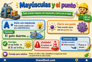 Infografía en español sobre el uso de mayúsculas y el punto para estudiantes de 1.º grado.