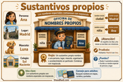 Infografía en español sobre sustantivos propios para 1.º de Primaria