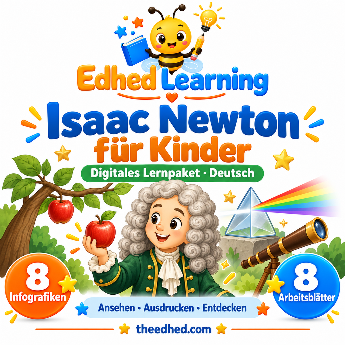 Edhed Learning Lernpaket Isaac Newton für Kinder mit 8 Infografiken und 8 Arbeitsblättern