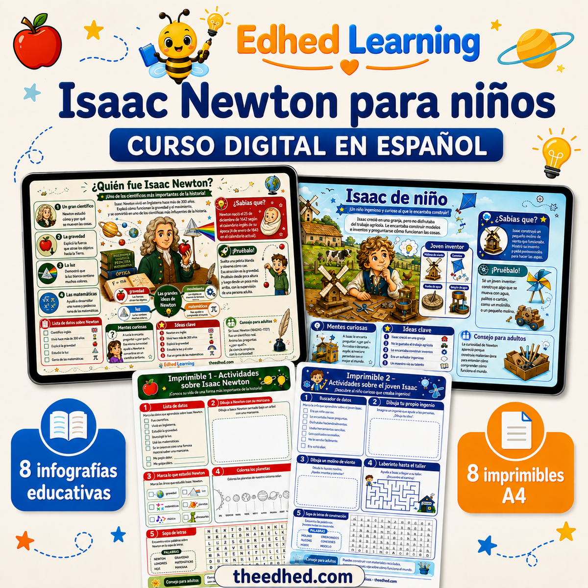 Curso digital de Isaac Newton para niños con 8 infografías y 8 imprimibles A4 en español