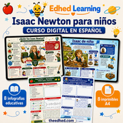 Curso digital de Isaac Newton para niños con 8 infografías y 8 imprimibles A4 en español