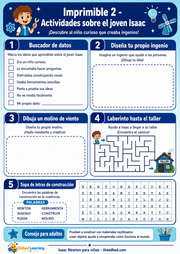 Ficha imprimible A4 en español sobre la infancia y curiosidad de Isaac Newton