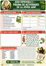 Ficha imprimible A4 en español sobre la joven Jane Goodall y su observación paciente