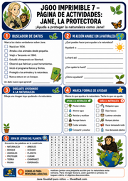 Ficha imprimible A4 en español sobre Jane Goodall y la protección de la naturaleza