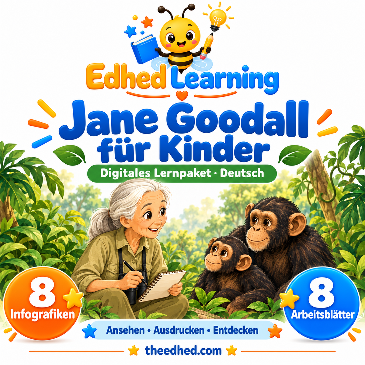 Edhed Learning Lernpaket Jane Goodall für Kinder mit 8 Infografiken und 8 Arbeitsblättern