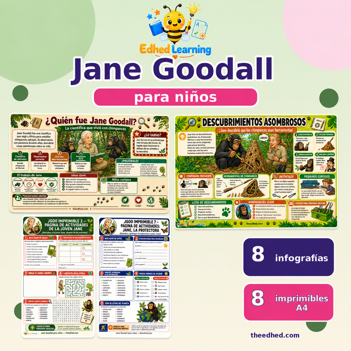 Curso digital Jane Goodall para niños con 8 infografías y 8 fichas imprimibles A4