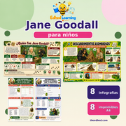 Curso digital Jane Goodall para niños con 8 infografías y 8 fichas imprimibles A4