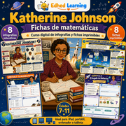 Curso digital de Katherine Johnson con 8 infografías y 8 fichas de matemáticas para niños de 7 a 11 años.
