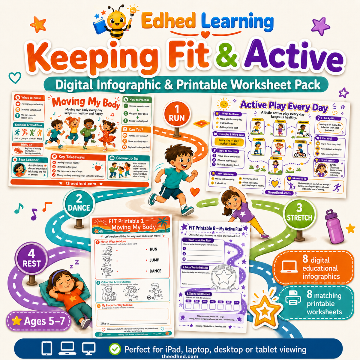 Keeping Fit & Active digital infographic and printable worksheet pack for ages 5 to 7