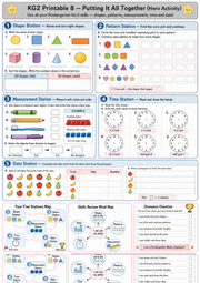 Kindergarten maths review printable combining shapes, patterns, measurement, time and data