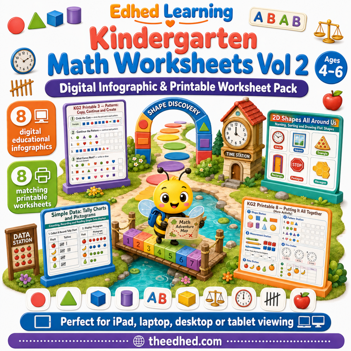 Kindergarten Math Worksheets Vol 2 digital course cover with shapes, patterns, time, measurement and data stations