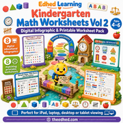 Kindergarten Math Worksheets Vol 2 digital course cover with shapes, patterns, time, measurement and data stations