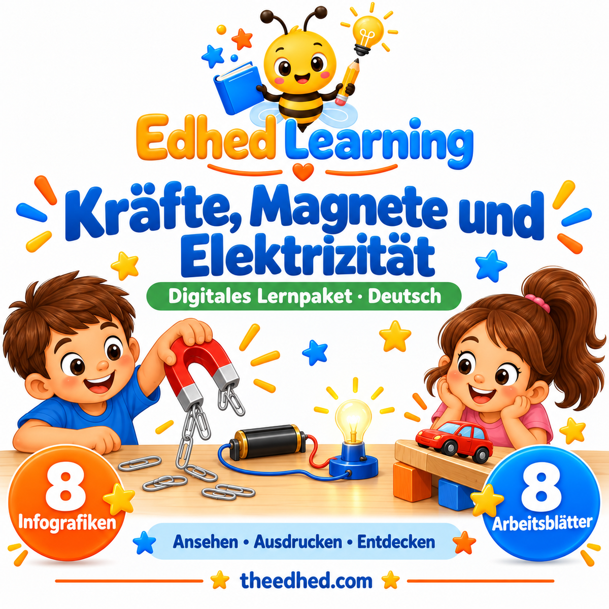 Edhed Learning Lernpaket Kräfte, Magnete und Elektrizität mit 8 Infografiken und 8 Arbeitsblättern