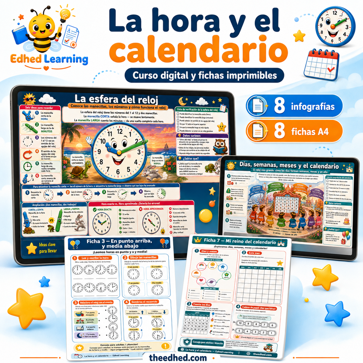 Curso digital La hora y el calendario en español con 8 infografías y 8 fichas A4