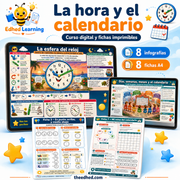 Curso digital La hora y el calendario en español con 8 infografías y 8 fichas A4