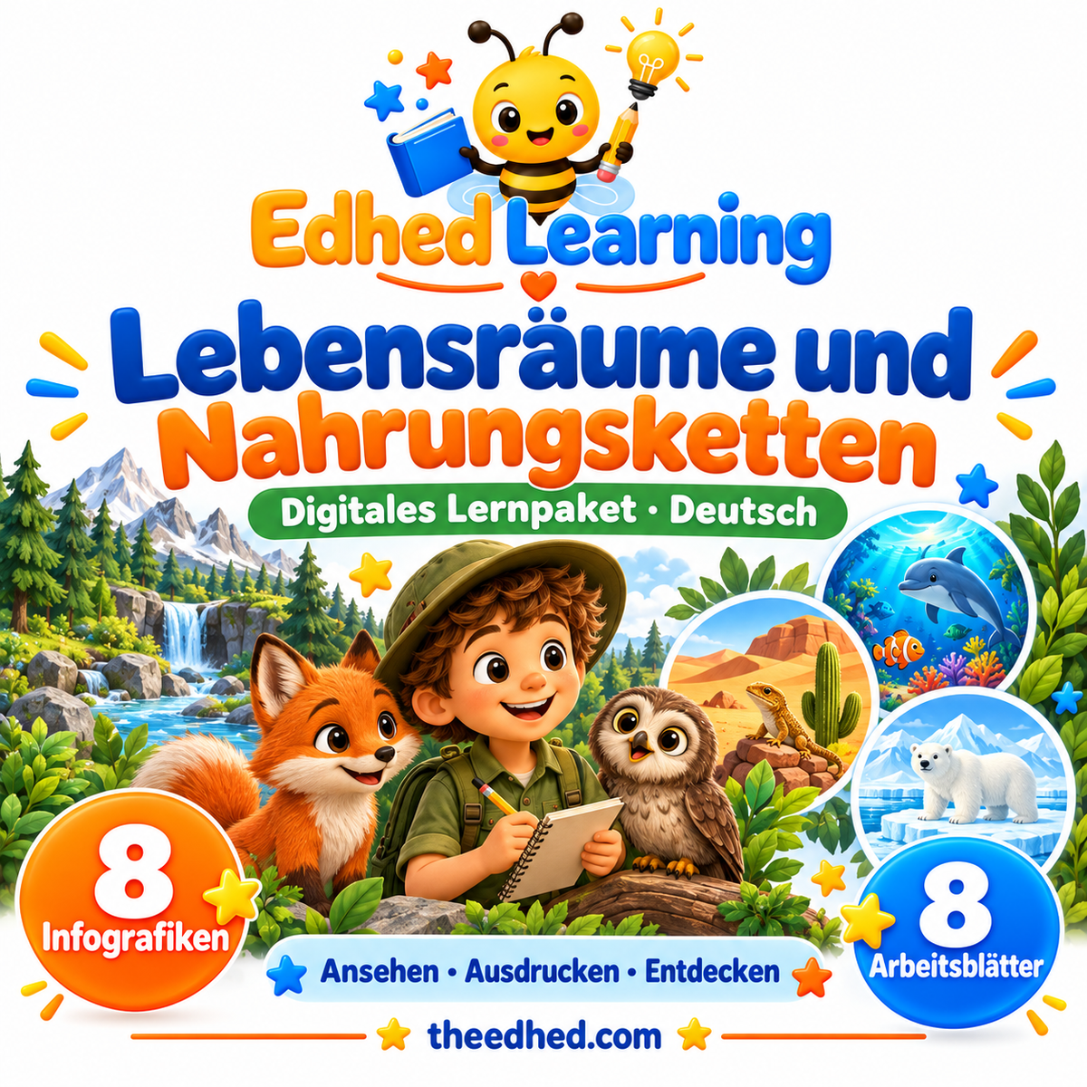 Edhed Learning Lernpaket Lebensräume und Nahrungsketten mit 8 Infografiken und 8 Arbeitsblättern