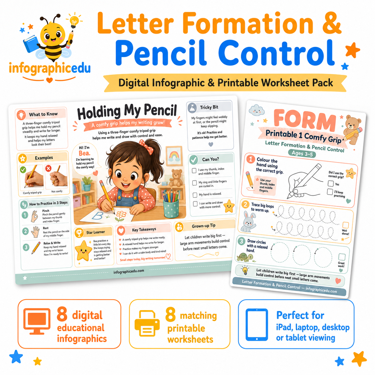 Letter Formation and Pencil Control digital infographic and printable worksheet pack for children