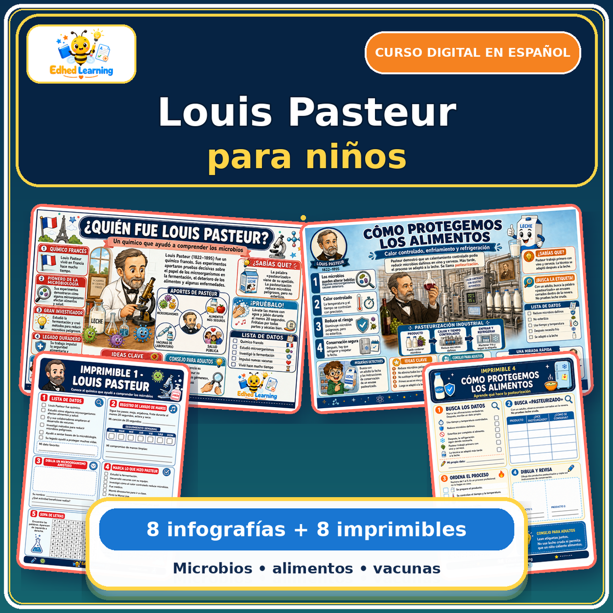Louis Pasteur para niños: curso digital con 8 infografías y 8 imprimibles en español