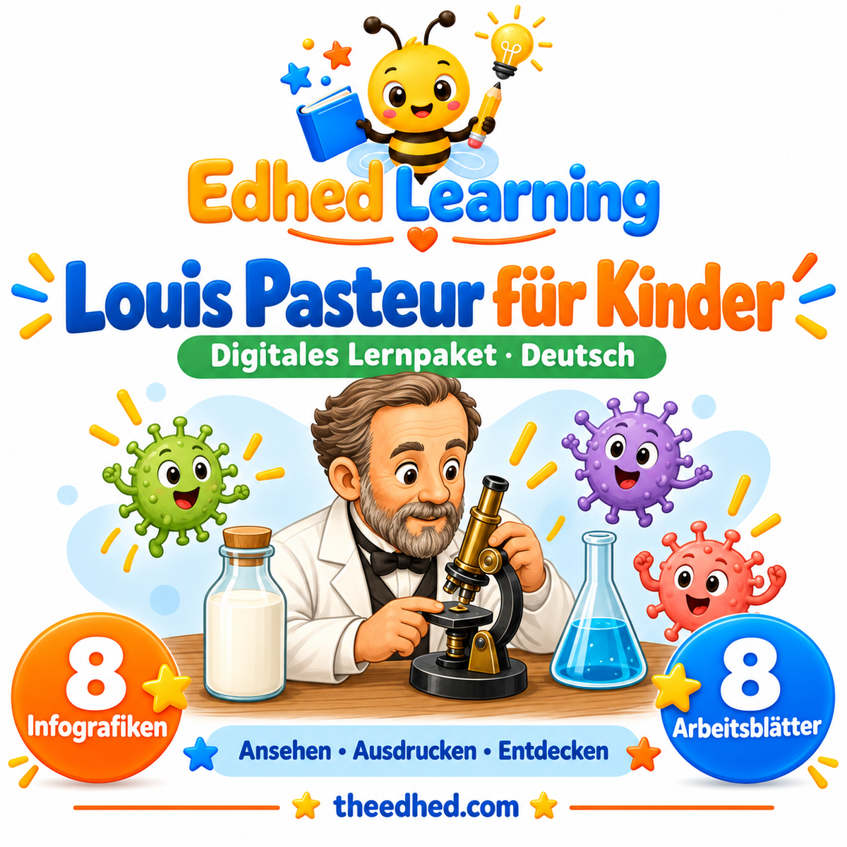 Edhed Learning Lernpaket Louis Pasteur für Kinder mit 8 Infografiken und 8 Arbeitsblättern