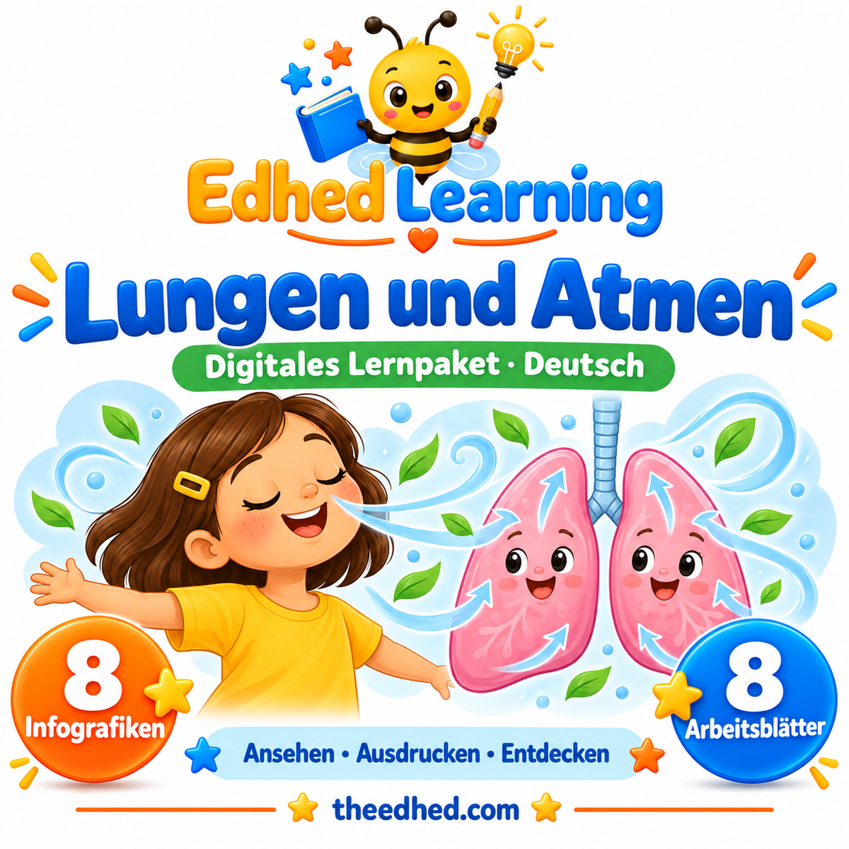 Edhed Learning Lernpaket Lungen und Atmen mit 8 Infografiken und 8 Arbeitsblättern