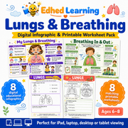 Lungs and Breathing digital infographic and printable worksheet pack for ages 6 to 8