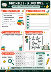 Ficha A4 La joven Maria con datos, dibujo, laberinto y sopa de letras en español