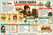 Infografía La joven Maria sobre su infancia, estudios y perseverancia en Varsovia