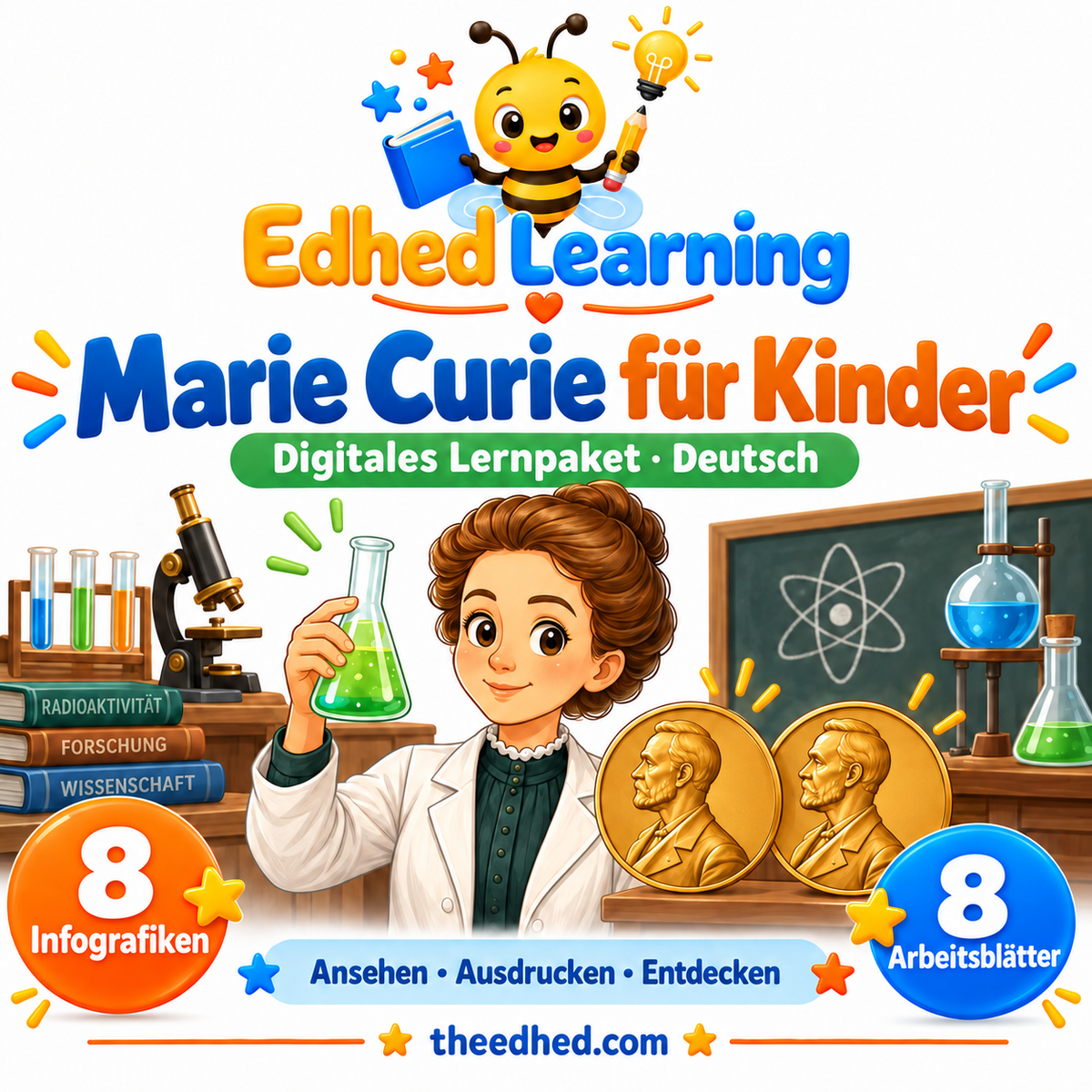 Edhed Learning Lernpaket Marie Curie für Kinder mit 8 Infografiken und 8 Arbeitsblättern