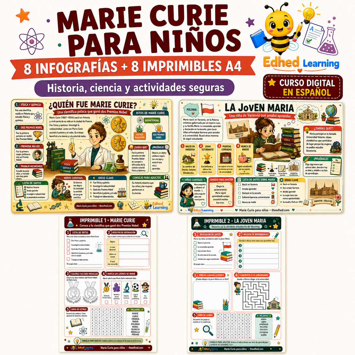 Marie Curie para niños: curso digital con 8 infografías y 8 imprimibles A4 en español