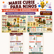 Marie Curie para niños: curso digital con 8 infografías y 8 imprimibles A4 en español