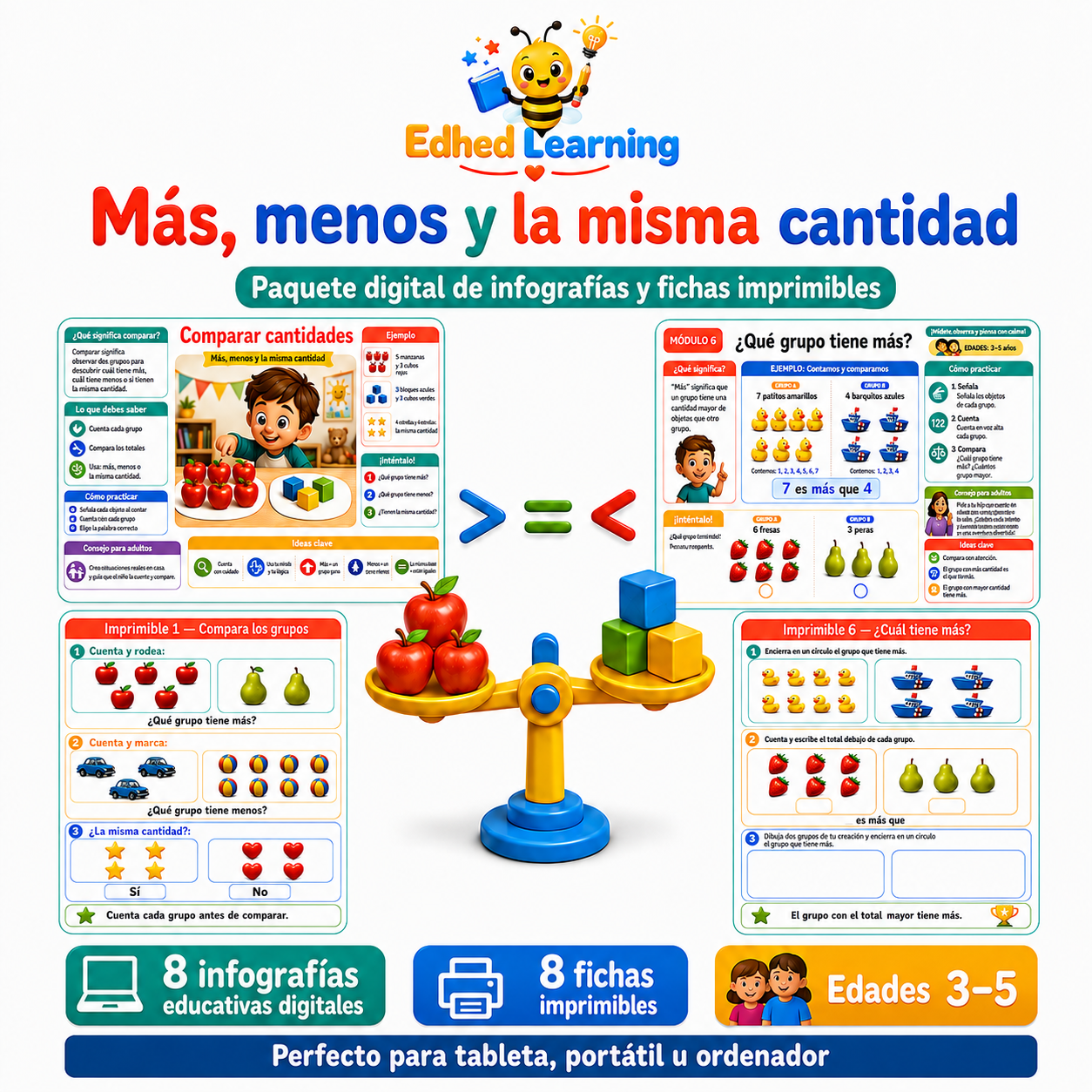 Curso en español sobre más, menos y la misma cantidad con 8 infografías y 8 fichas